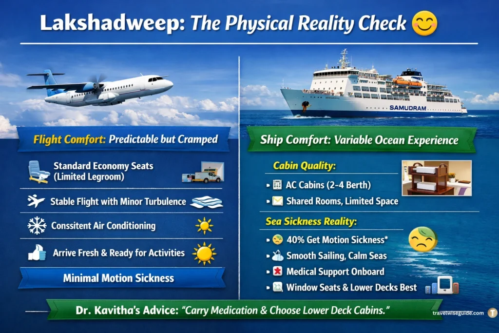 Lakshadweep Travel Comfort: Prepare For Your Perfect Island Voyage Lakshadweep ship vs flight infographic showing cabin berths and seating.
