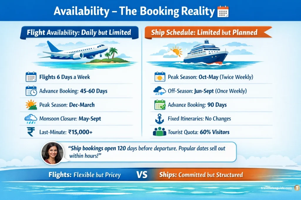 Lakshadweep Booking Secrets: Secure Your Island Paradise Today Lakshadweep ship vs flight availability infographic with booking schedule lists.