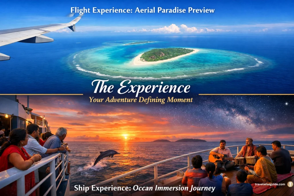 Lakshadweep Island Adventures: Create Your Lifetime Of Magical Memories Lakshadweep ship vs flight views showing aerial islands and dolphins.