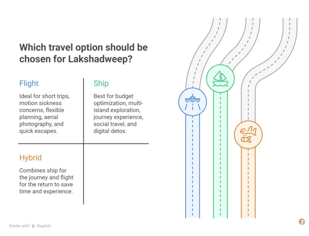 Lakshadweep Travel Verdict: Choosing Your Ultimate Tropical Isla Lakshadweep ship vs flight comparison chart with three coloured paths.