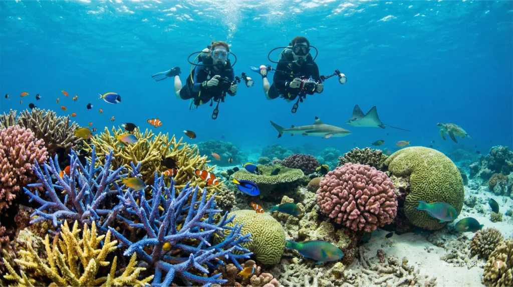 Agatti Island Scuba Diving: Discover Underwater Magic Lakshadweep water sports scuba divers photographing coral reef marine life.