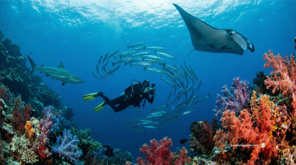 Bangaram Scuba Diving Adventure: Where Giants Glide Lakshadweep water sports scuba diver with camera near a manta ray, shark, and school of barracuda