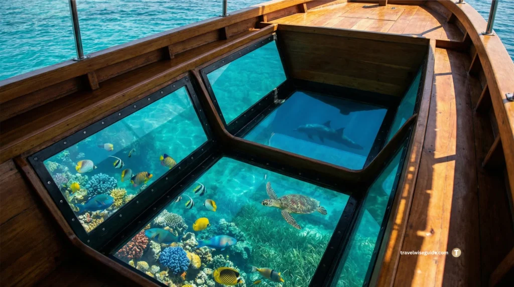 Kavaratti Glass Bottom Boat: Witness Marine Wonders Safely Lakshadweep water sports wooden boat with glass floor panels showing tropical fish and turtle.