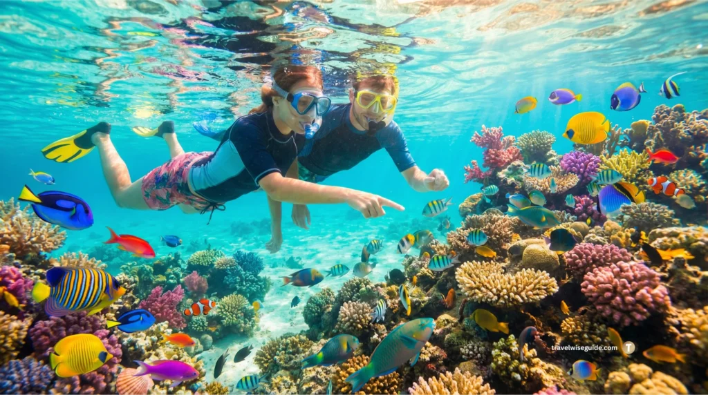 Kavaratti Snorkelling: Vibrant Shallow Reef Adventures Lakshadweep water sports snorkelers pointing at colourful fish in shallow lagoon.