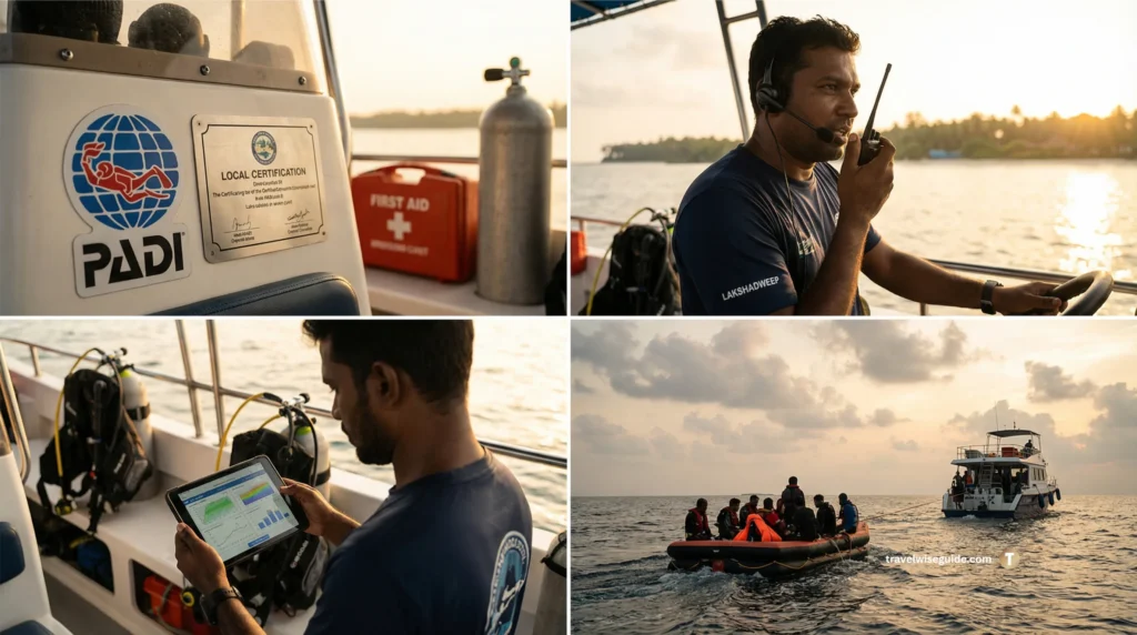 Lakshadweep Safety Standards: Professional PADI Certified Excellence Lakshadweep water sports PADI certification plaque beside first aid kit and oxygen tank.