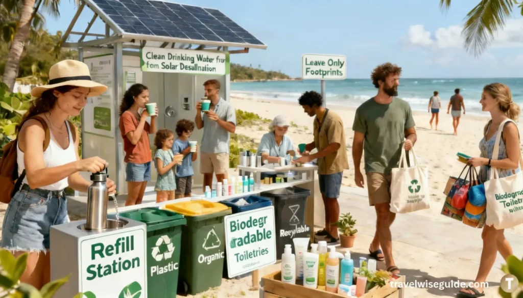 Lakshadweep Plastic Free Mission: Eco-friendly Tourism Initiatives Lakshadweep plastic free mission beach refill station solar power and recycling bins.