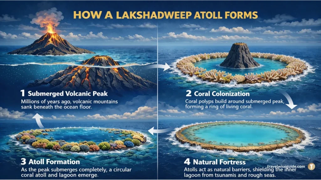 Lakshadweep Geology: The Fascinating Birth Of Coral Atolls Lakshadweep atoll formation diagram showing volcanic peaks and coral rings.