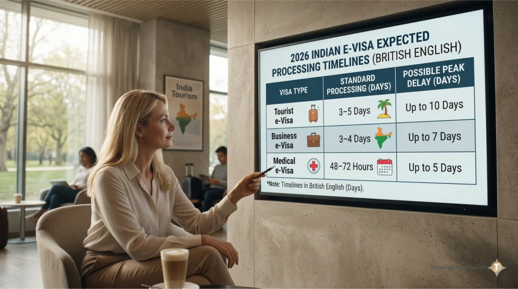 2026 Indian e-Visa Processing: Essential Timelines Indian e-visa processing times displayed on a large digital monitor screen.