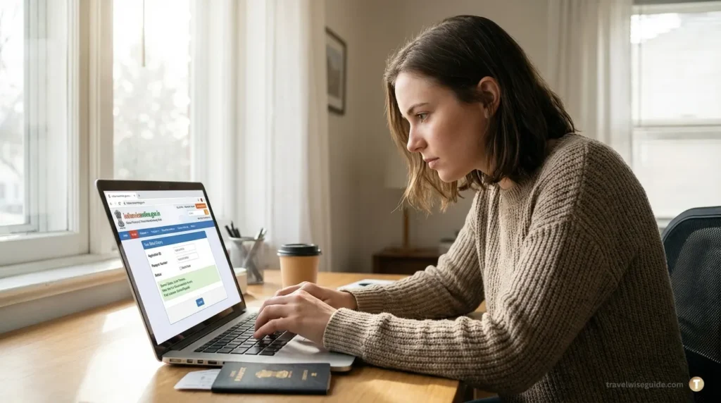 Indian e-Visa Status: Track Your Pending Application Woman on laptop checks Indian e-visa application status online for delay.