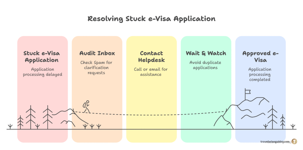Fix Indian e-Visa Stuck: 2026 Action Plan Indian e-visa pending application infographic showing steps to clear the status.