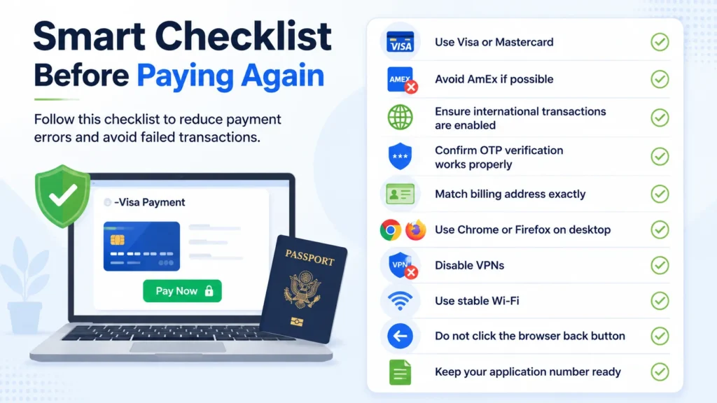 India E-Visa Payment Failure Prevention Tips India e-Visa payment checklist showing laptop, passport, payment icons, browser, Wi-Fi, VPN symbols