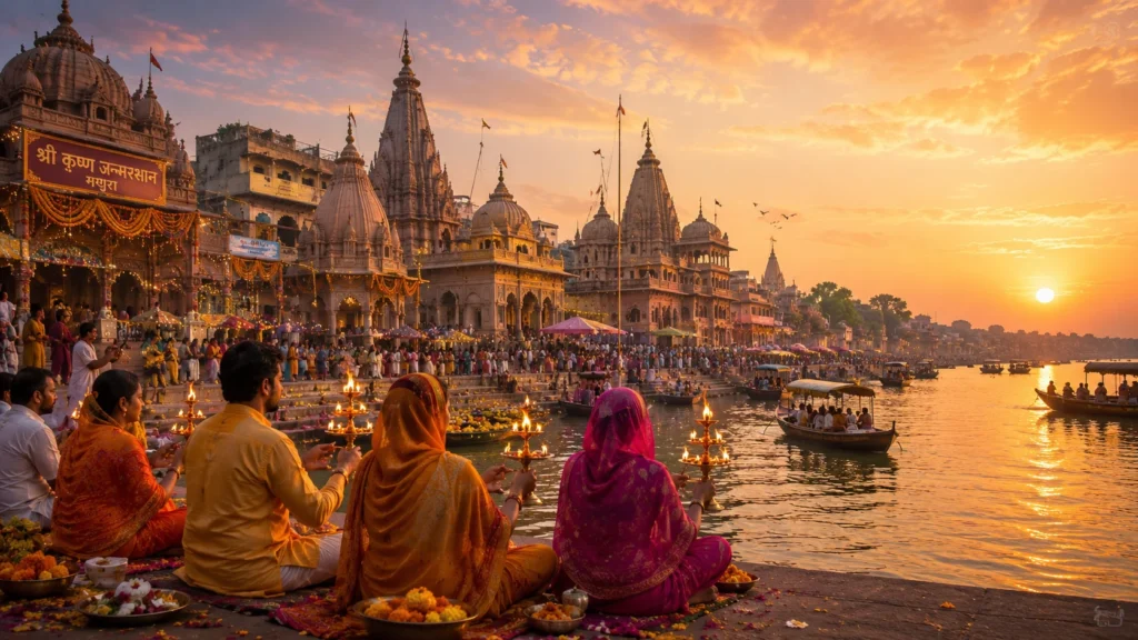 Mathura Vrindavan Divine Evening Devotion Mathura Vrindavan devotees performing Yamuna aarti beside temples during sunset
