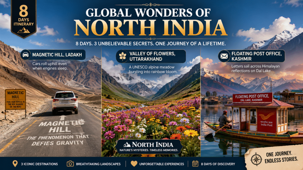 North India: Discover Three Unbelievable Travel Secrets North India wonders infographic showing three locations for travel itinerary.