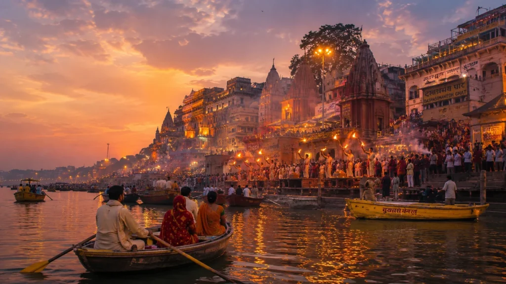 Varanasi Sacred Evening On Ganga Varanasi Ganga ghat aarti with boats, priests, lamps, and sunset