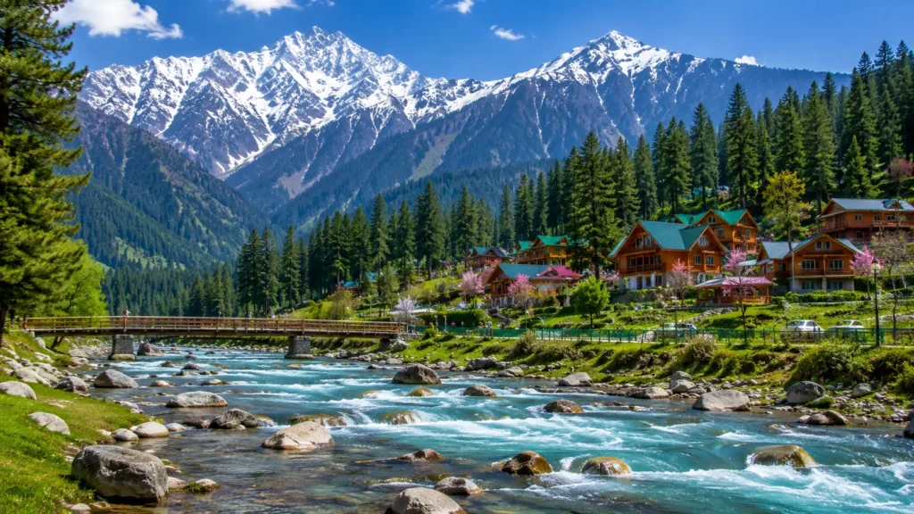 Himalayas: Discover A Peaceful Mountain Escape Himalayan village showing wooden houses, a river, and snowy mountains.