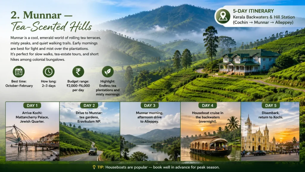 Kerala Hill Stations And Backwaters Escape Kerala tourist itinerary infographic showing Munnar tea hills, houseboat cruise and Kochi travel route
