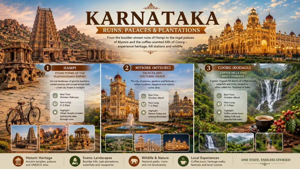 Karnataka Heritage And Hill Escape Karnataka tourist itinerary infographic showing Hampi ruins, Mysore Palace and Coorg waterfalls landscape