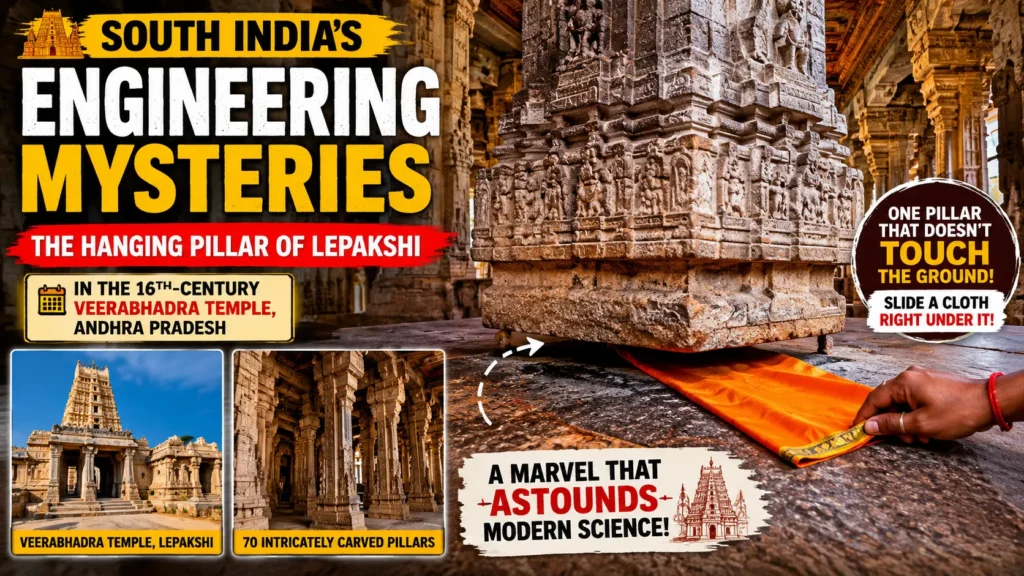 Lepakshi Temple And Its Mysterious Hanging Pilla Ancient carved hanging pillar inside Lepakshi temple with cloth passing underneath