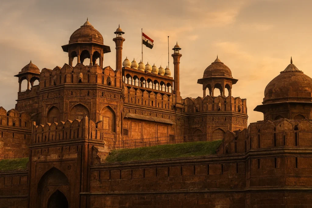 Red Fort Timeless Mughal Majesty Red Fort sandstone fort walls and domes with Indian flag at sunset