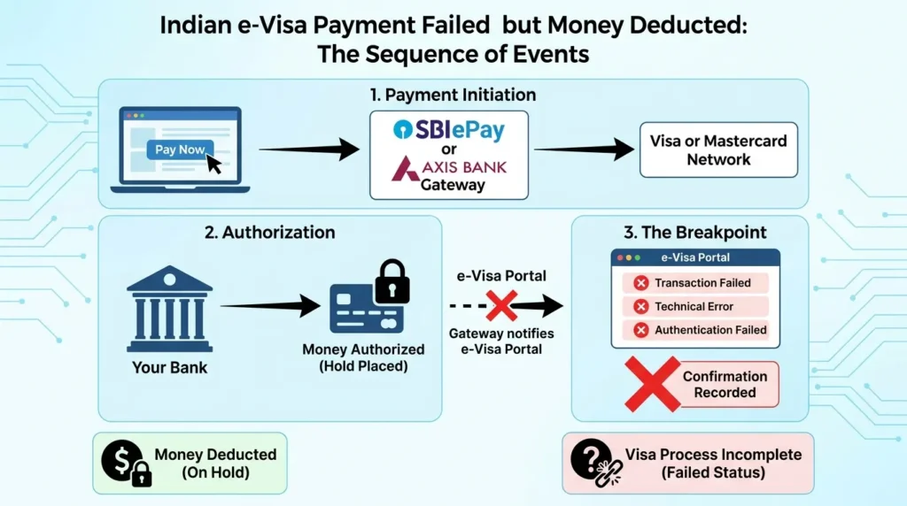 Indian E-Visa Success Tips For Stress-Free Travel Indian e-visa payment flowchart showing bank authorisation and website failure.