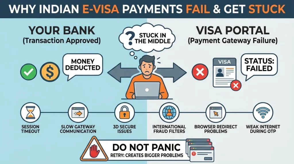 India E-Visa Payment Failure Causes Indian e-Visa payment failure infographic showing gateway errors and transaction issues