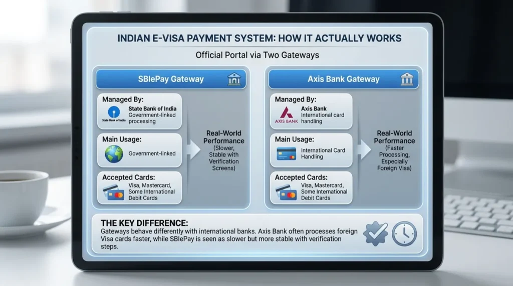 Indian E-Visa Gateway Process Explained Indian e-Visa payment system diagram showing SBIePay and Axis Bank gateways