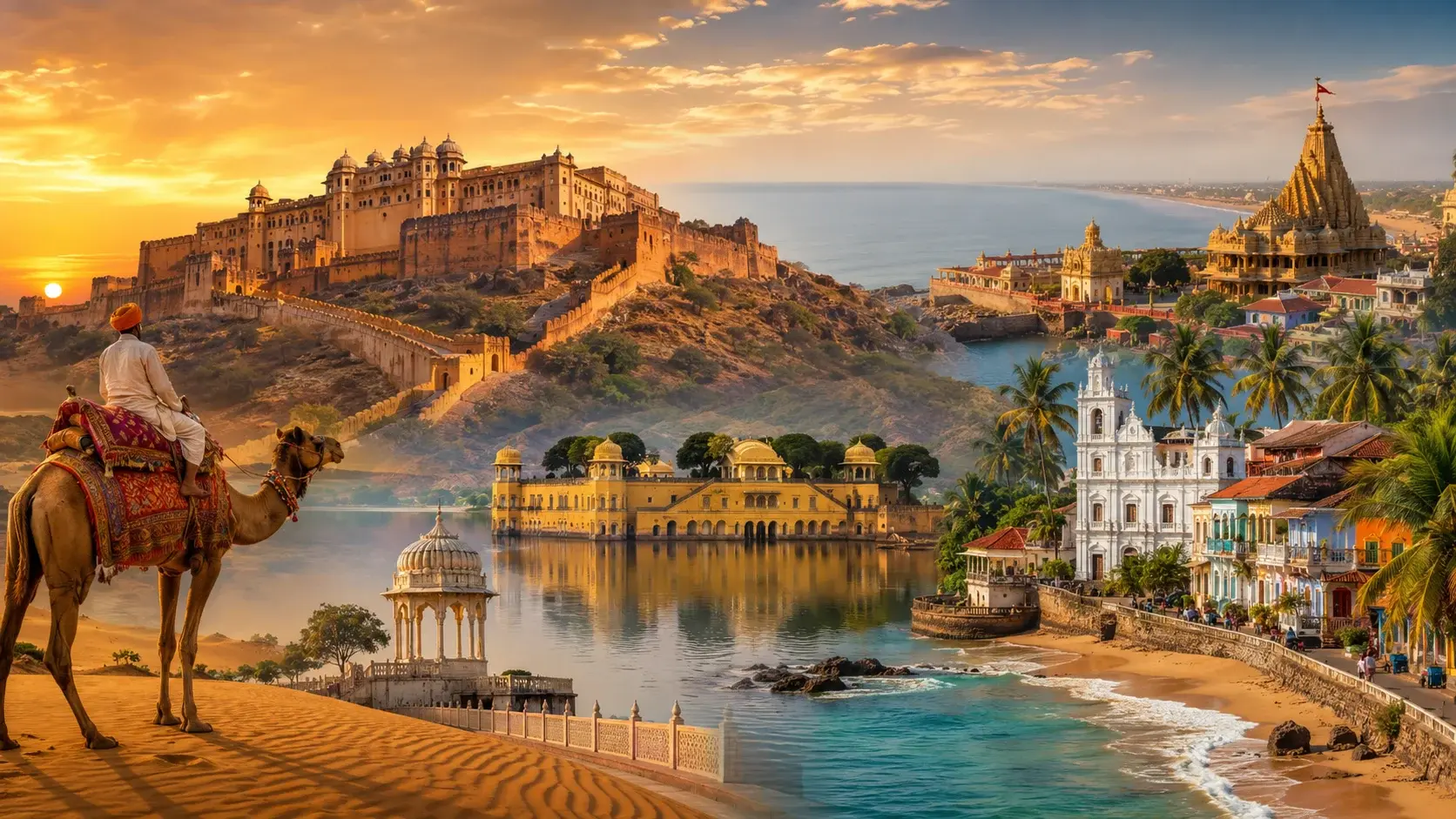 West India Tourism: Timeless Coastal Majesty West India tourism collage showing desert fort, palace, temple, coastline
