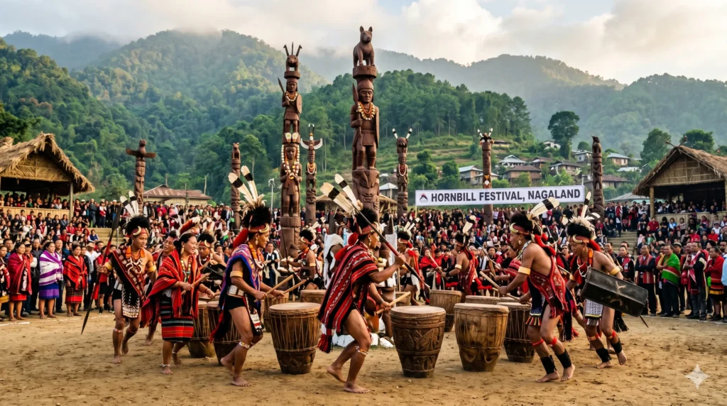 Hornbill Festival Nagaland: Cultural Rhythmic Spectacular Performers dancing with log drums at Hornbill Festival, Nagaland.