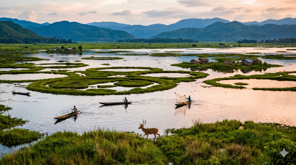 Loktak Lake's Serenity at Dusk Floating islands lake scene with boats and a deer as an example.