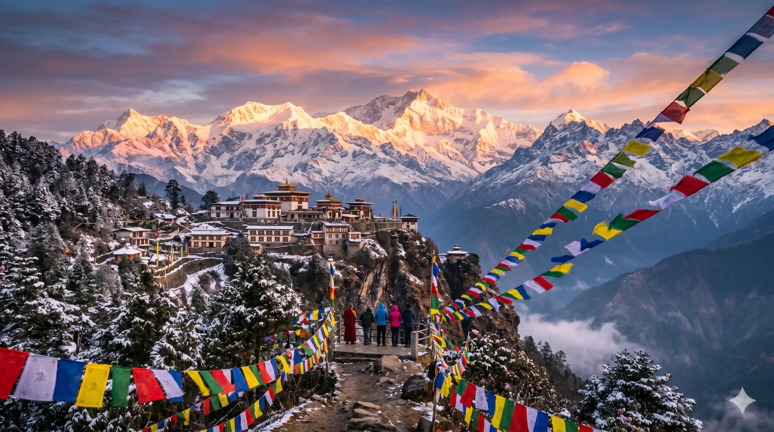 Sikkim Mountains: A Breathtaking Dawn Awakening Sikkim mountain monastery with colourful prayer flags at sunrise view.