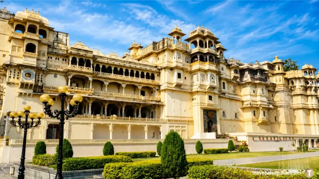 City Palace Udaipur Royal Heritage Grandeur City Palace Udaipur facade with ornate balconies, gardens and blue sky
