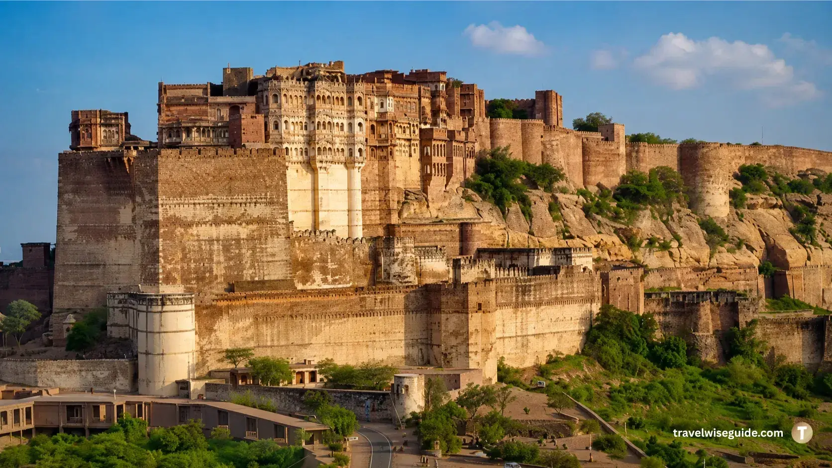 Mehrangarh Fort Above The Blue City Mehrangarh Fort sandstone walls and hilltop architecture under blue sky