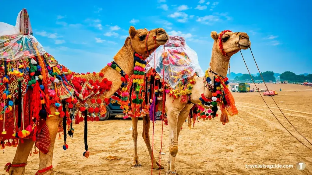 Thar Desert Camel Safari Colourful Desert Experience Camel safari in Thar Desert with decorated camels on sand
