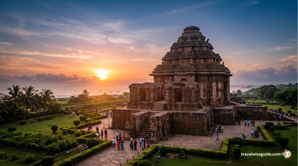 Konark Sun Temple: Architectural Grandeur at Dawn. Odisha Sun Temple tiered Vimana and stone carvings at sunrise.