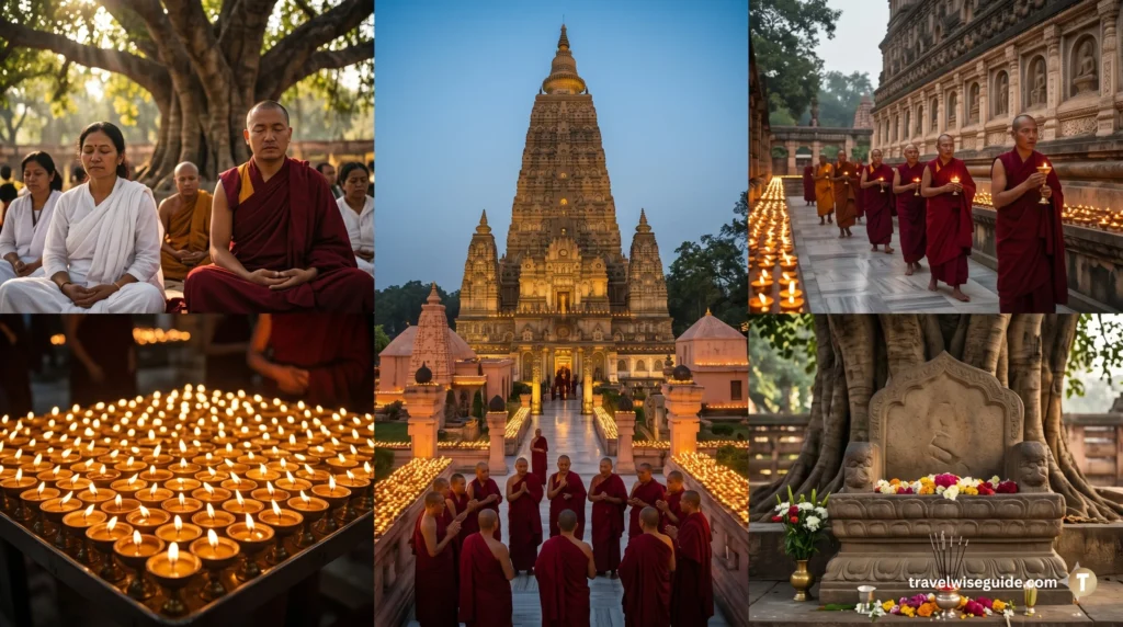 Bodhgaya Mahabodhi Temple: A Spiritual Journey to Enlightenment Composite image of Bodhgaya Mahabodhi Temple showing monks, meditation, prayer, and lit butter lamps.