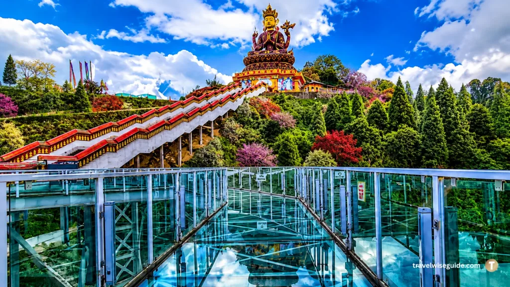 Pelling Skywalk Above The Clouds Pelling Skywalk glass walkway leading towards giant Buddha statue in Sikkim