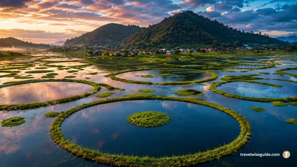 Loktak Lake Nature's Floating Wonder Loktak Lake circular phumdi formations surrounded by water and hills
