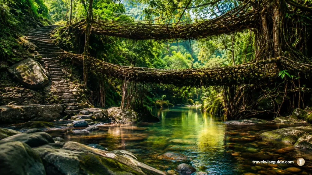 Meghalaya Root Bridges Nature's Engineering Marvel Double-Decker Root Bridge spanning stream beneath living root bridges Meghalaya