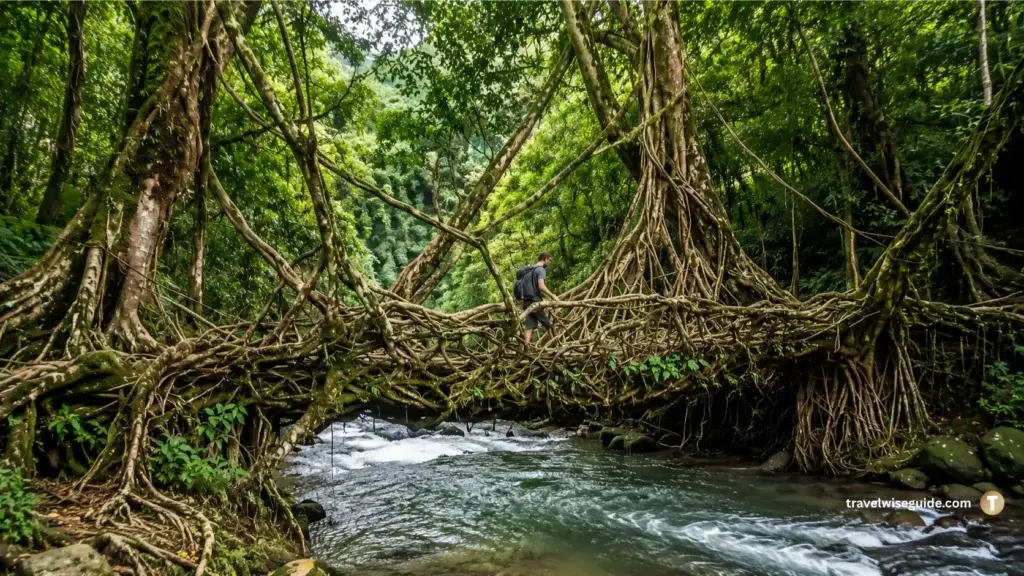 Living Root Bridge Forest Wonder Living root bridge dense forest stream hiker crossing intertwined tree roots naturally