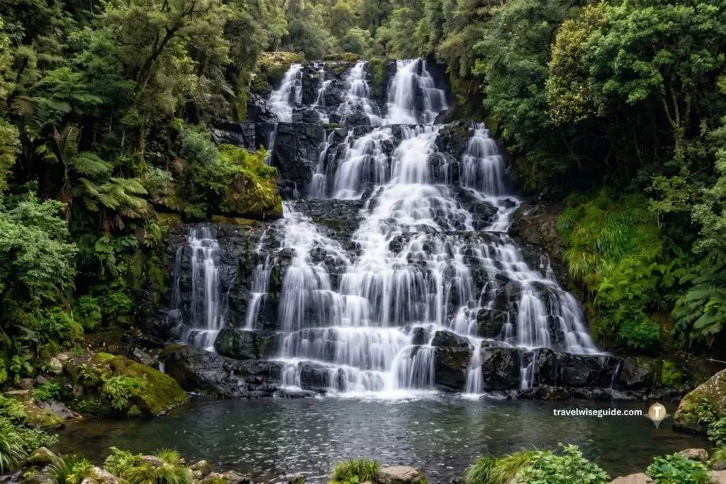 Elephant Falls: Nature's Breathtaking Cascading Wonder Elephant Falls cascades down tiered dark rocks into a pool.
