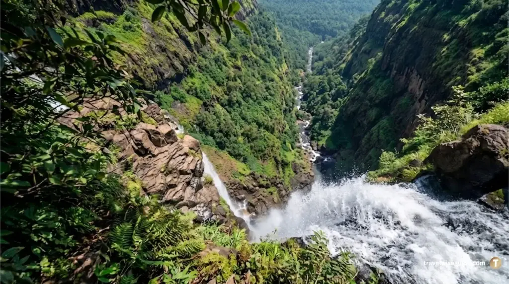 Lingmala Waterfalls: Mahabaleshwar's Majestic Natural Escape Lingmala waterfalls plummet off rocky cliffs into a deep valley.