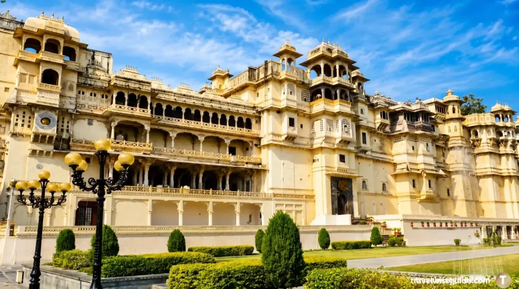 Udaipur City Palace Royal Grandeur Revealed Udaipur City Palace cream façade with gardens under blue sky in daylight