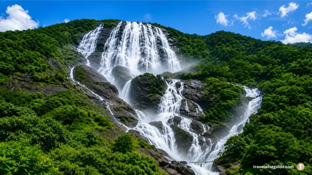 Dudhsagar Waterfall Goa Nature's Majestic Cascade Dudhsagar Waterfall Goa cascading over rocky cliffs surrounded by lush forest landscape