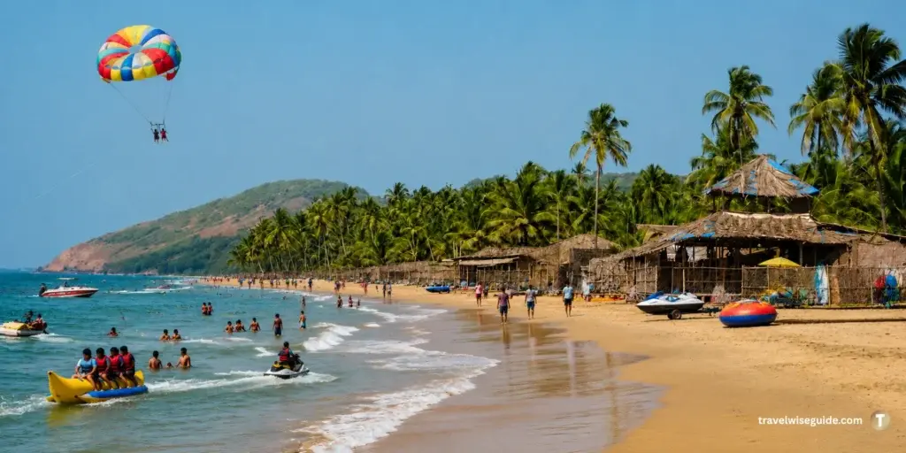 Baga Beach Goa's Thrilling Coastal Adventures Baga Beach Goa visitors enjoying banana ride parasailing and water sports activities
