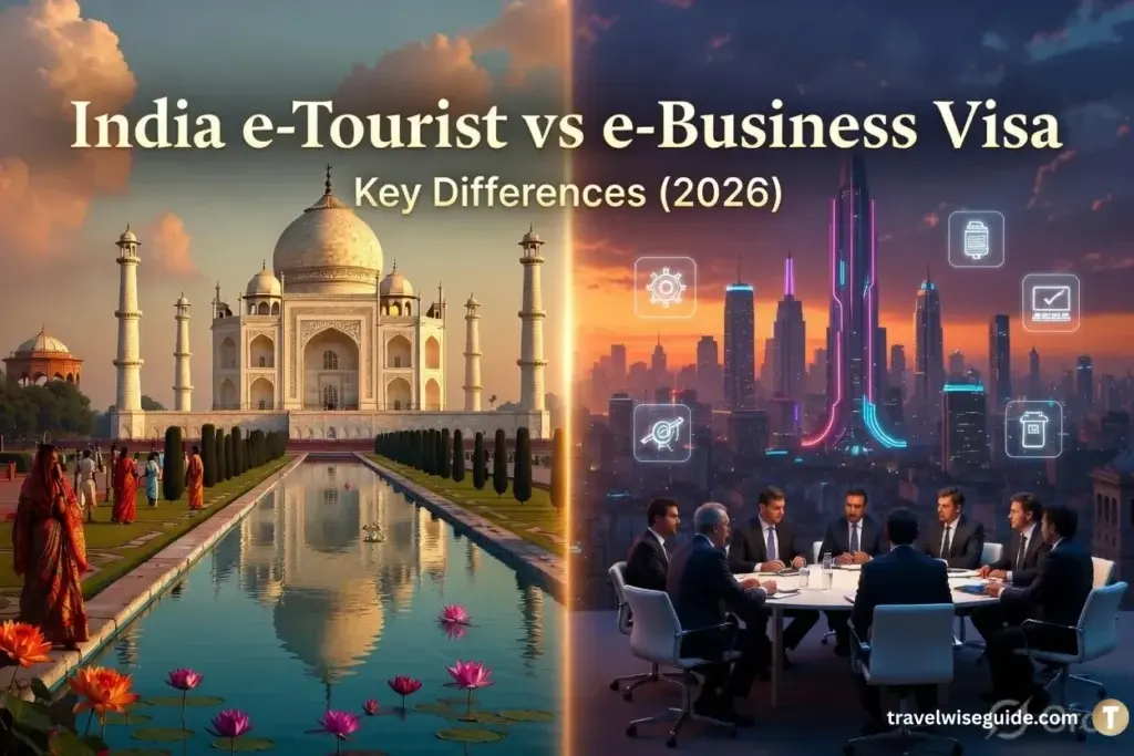 India e-Tourist vs e-Business Visa comparison showing Taj Mahal and business meeting