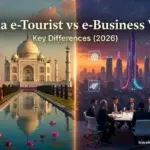 India e-Tourist vs e-Business Visa: Key Differences (2026) India e-Tourist vs e-Business Visa comparison showing Taj Mahal and business meeting