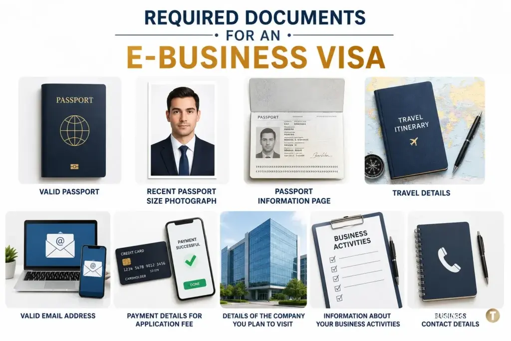 E-Business Visa Document Requirements Guide E-business visa required documents infographic showing passport photograph company details