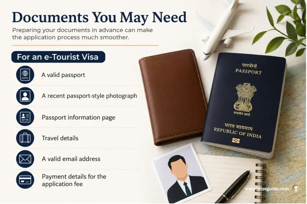 E-Tourist Visa Essential Documents Checklist E-tourist visa documents checklist with passport photograph travel essentials and notebook display
