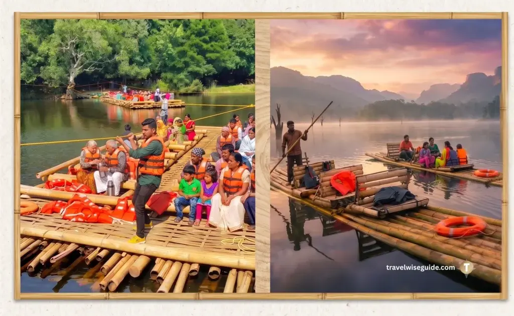 Wayanad Bamboo River Rafting Adventure Awaits Wayanad bamboo river rafting tourists wearing life jackets on bamboo rafts floating