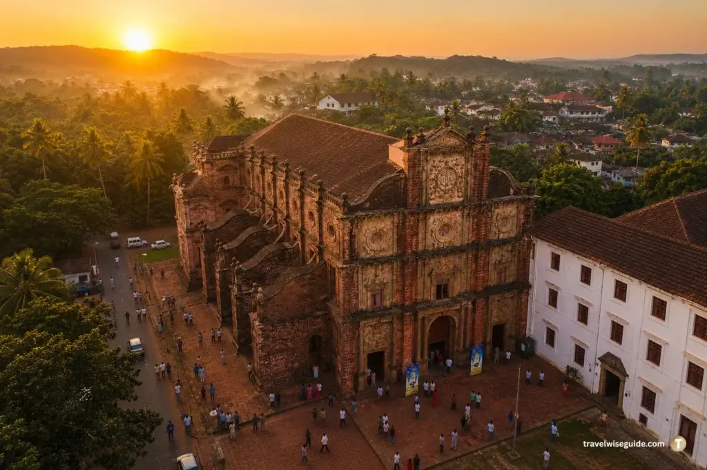 Basilica Of Bom Jesus At Sunrise Basilica of Bom Jesus sunrise drone view with visitors and surrounding landscape